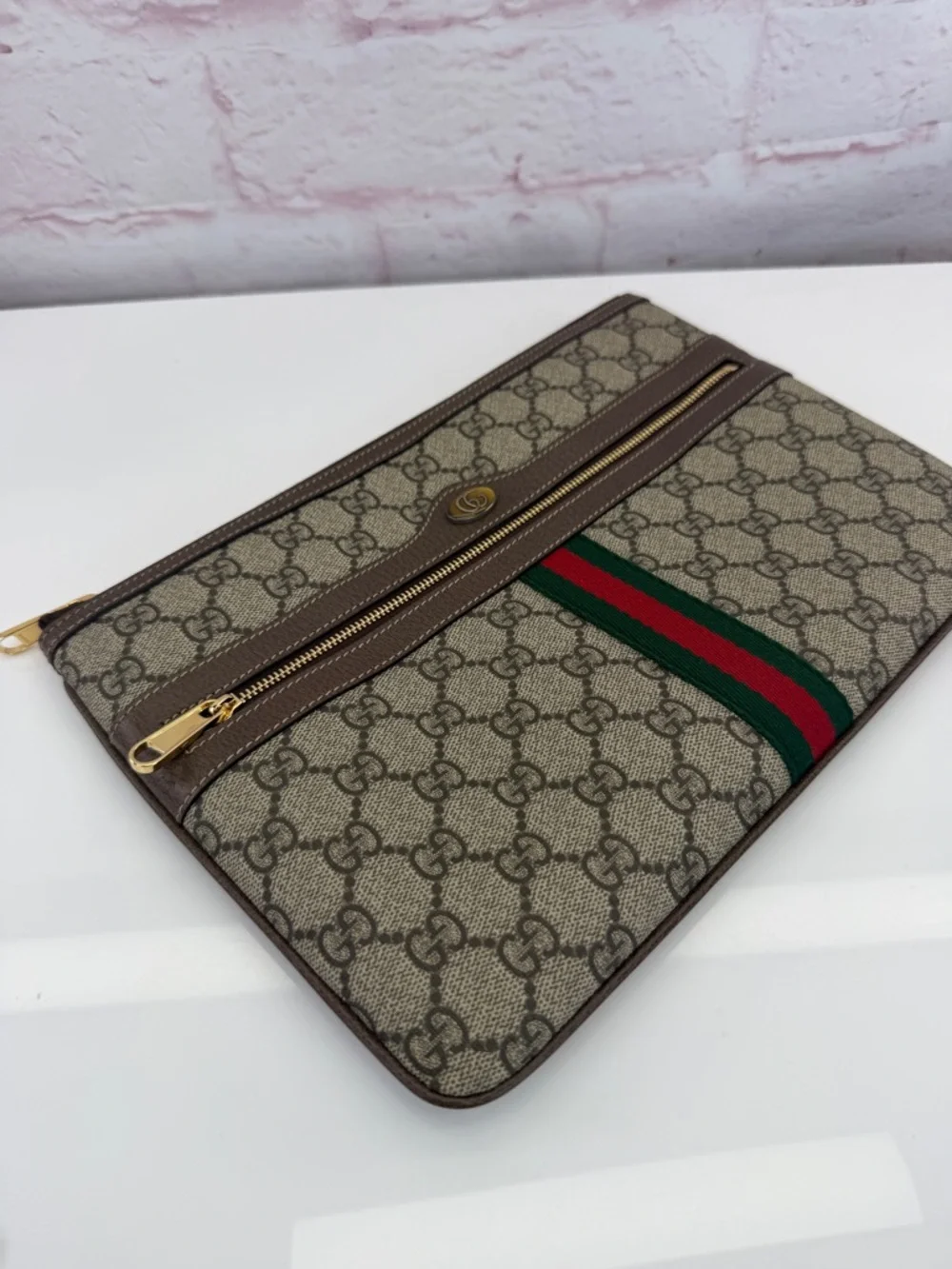 Gucci GG Supreme Ophidia Canvas Pouch Clutch with Web Stripe - Brown/Tan - Picture 5 of 14